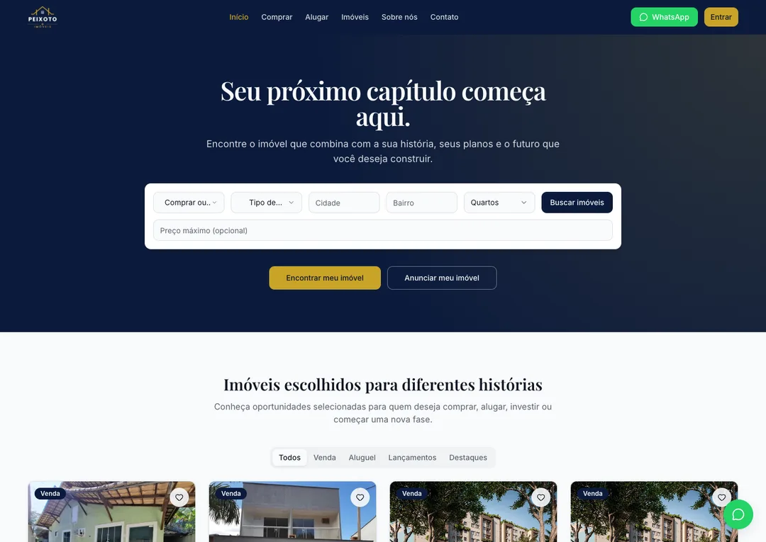 Página inicial do site Peixoto + Imóveis